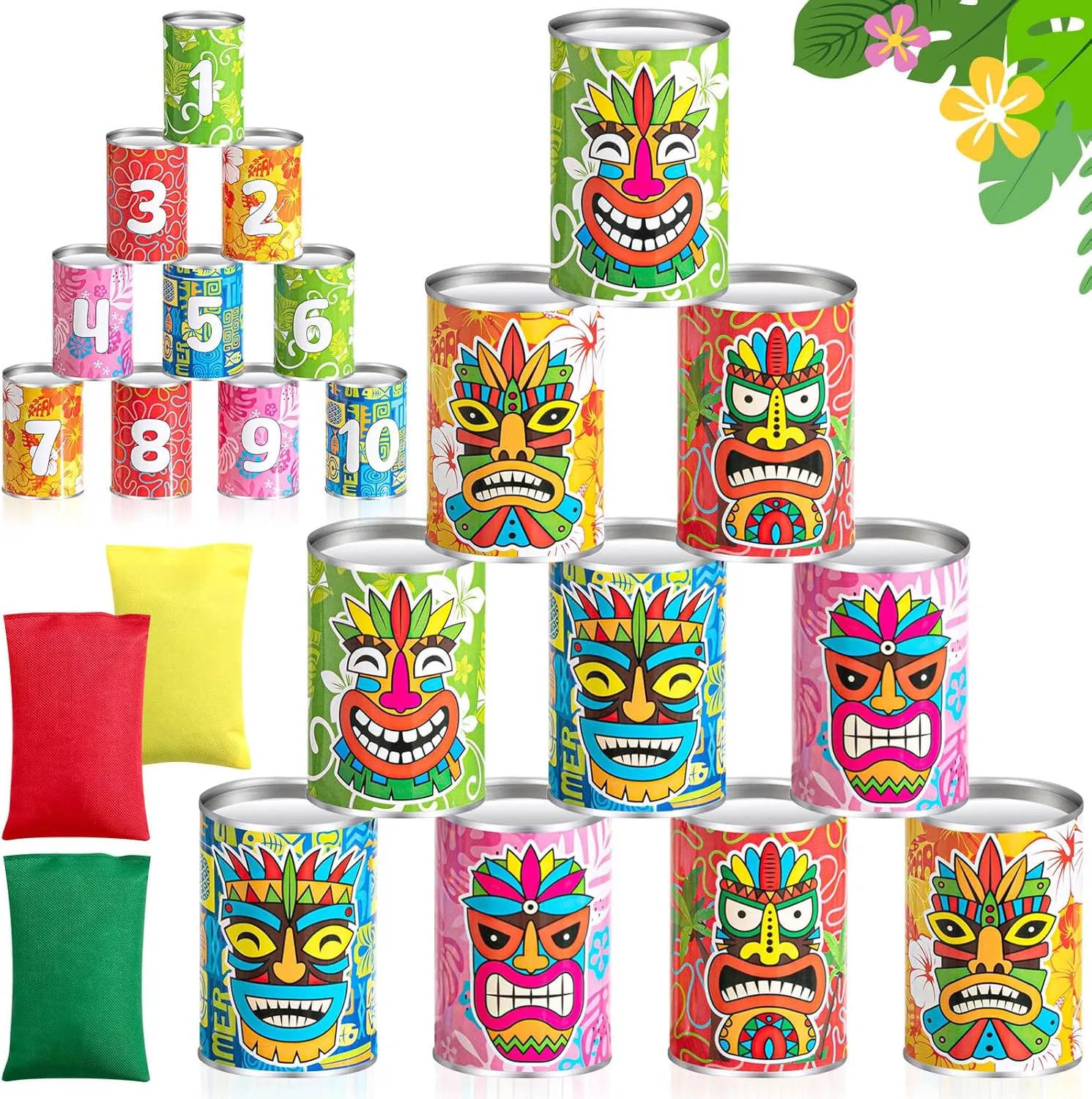 Hawaiian Tiki Can Toss Game Bean Bag Toss with 10 Tin Cans and 3 Bean Bag for Summer Luau Family Birthday Tropical Hawaii Aloha Indoors Outdoors Activities Party Supplies