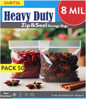 Heavy Duty Plastic Zipper Bags – Reusable Storage Gallon Bags for Cakes, Food, Kitchen Tools – 6 Mil to 8 Mil, Multiple Sizes, Bulk Packs Available 6"x8" Pack 50