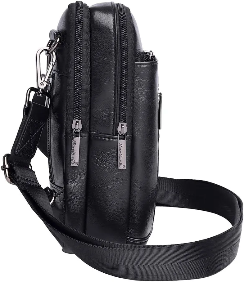 Hebetag Small Leather Sling Shoulder Bag Messenger Pack for Men Women Outdoor Travel Business
