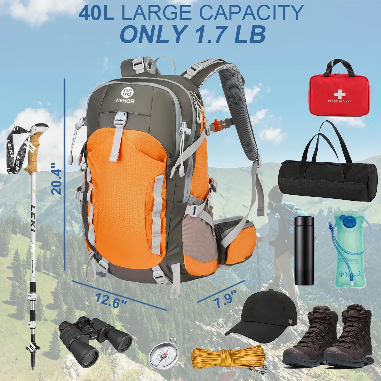 Hiking Backpack, 40L Lightweight Camping Backpack with Rain Cover, Water Resistant Large Hiking Bag Outdoor Travel Daypack for Men Women, Orange