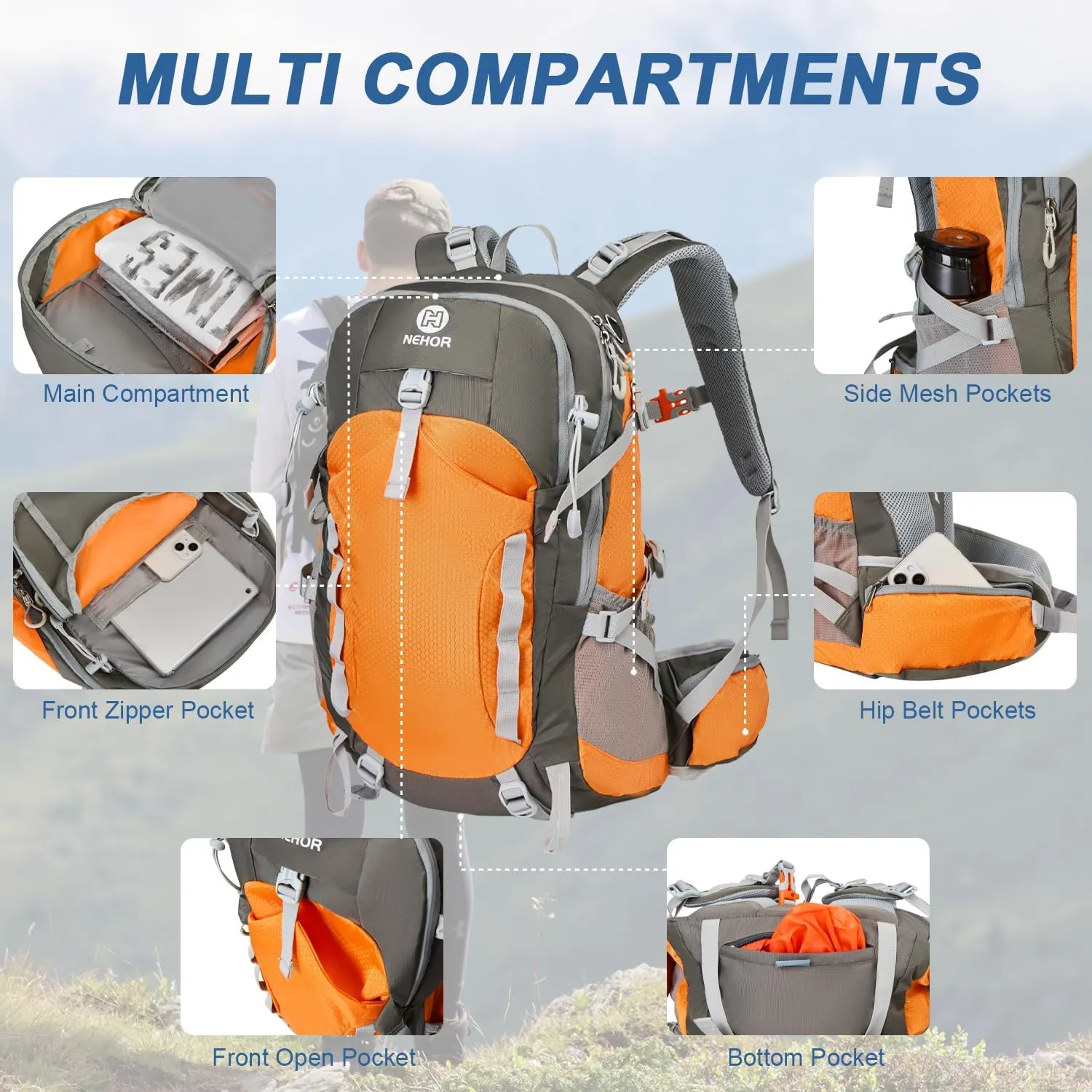 Hiking Backpack, 40L Lightweight Camping Backpack with Rain Cover, Water Resistant Large Hiking Bag Outdoor Travel Daypack for Men Women, Orange