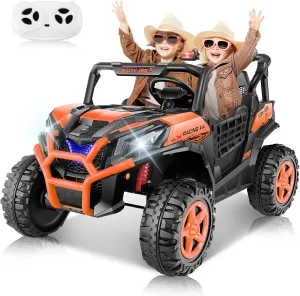 Hikole 2 Seater Ride on Cars with Remote Control, 20" Large Seat, 4WD/2WD Switchable 24V Electric Car with 4X200W Motors, LED Lights, Soft Star, Seat Belt, Ride on Toys for Kids, Orange