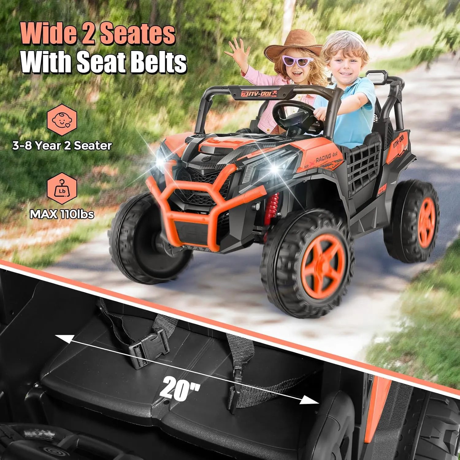 Hikole 2 Seater Ride on Cars with Remote Control, 20" Large Seat, 4WD/2WD Switchable 24V Electric Car with 4X200W Motors, LED Lights, Soft Star, Seat Belt, Ride on Toys for Kids, Orange