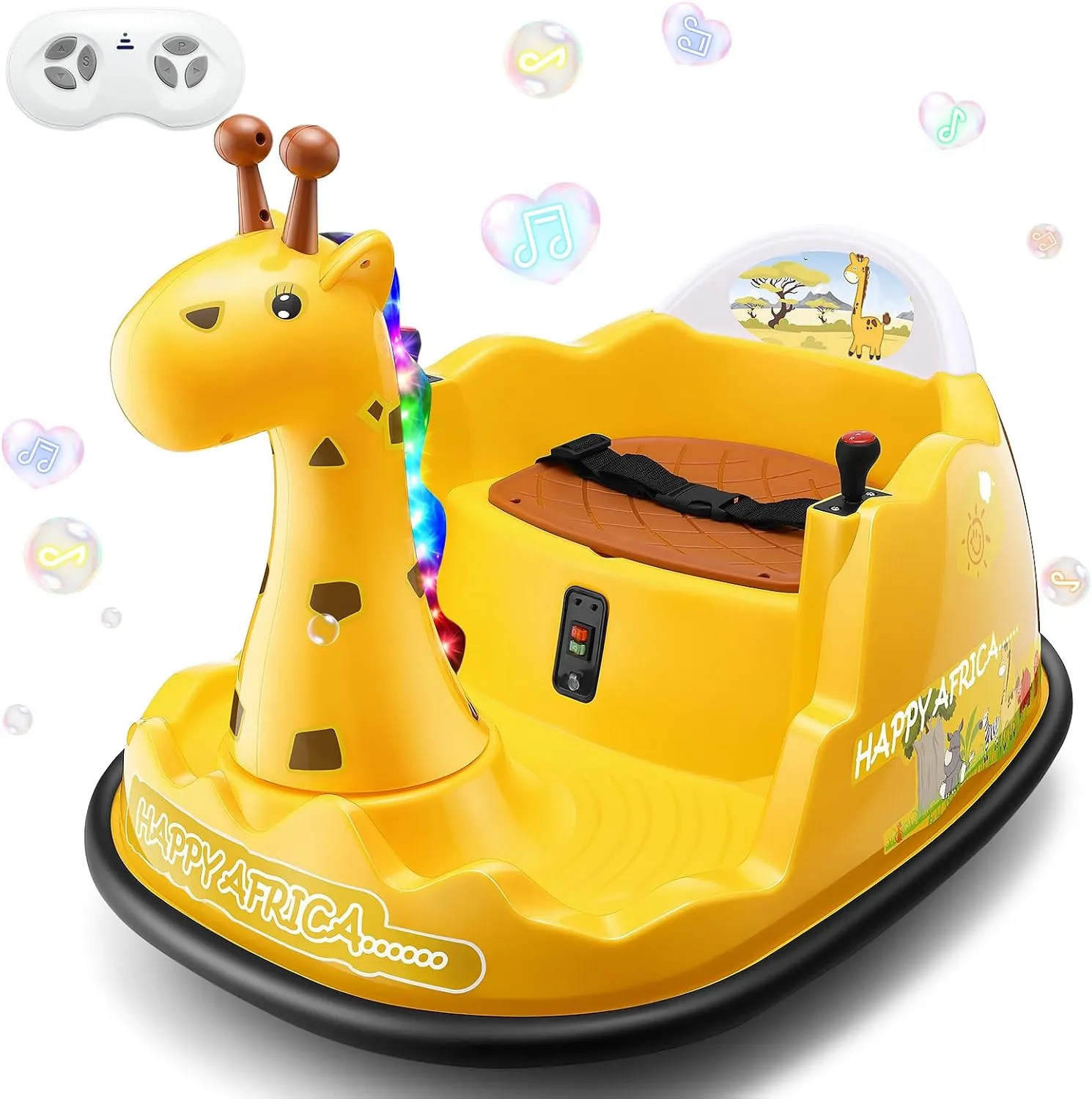 Hikole Baby Bumper Car for Kids 1.5-6, 12V Toddler Ride on Car with Parent Remote, Colorful Led Light, 360°Degree Spin, 2 Driving Modes, 4 Speed Adjust, Rubber Bumpering Tyre, Giraffe Yellow