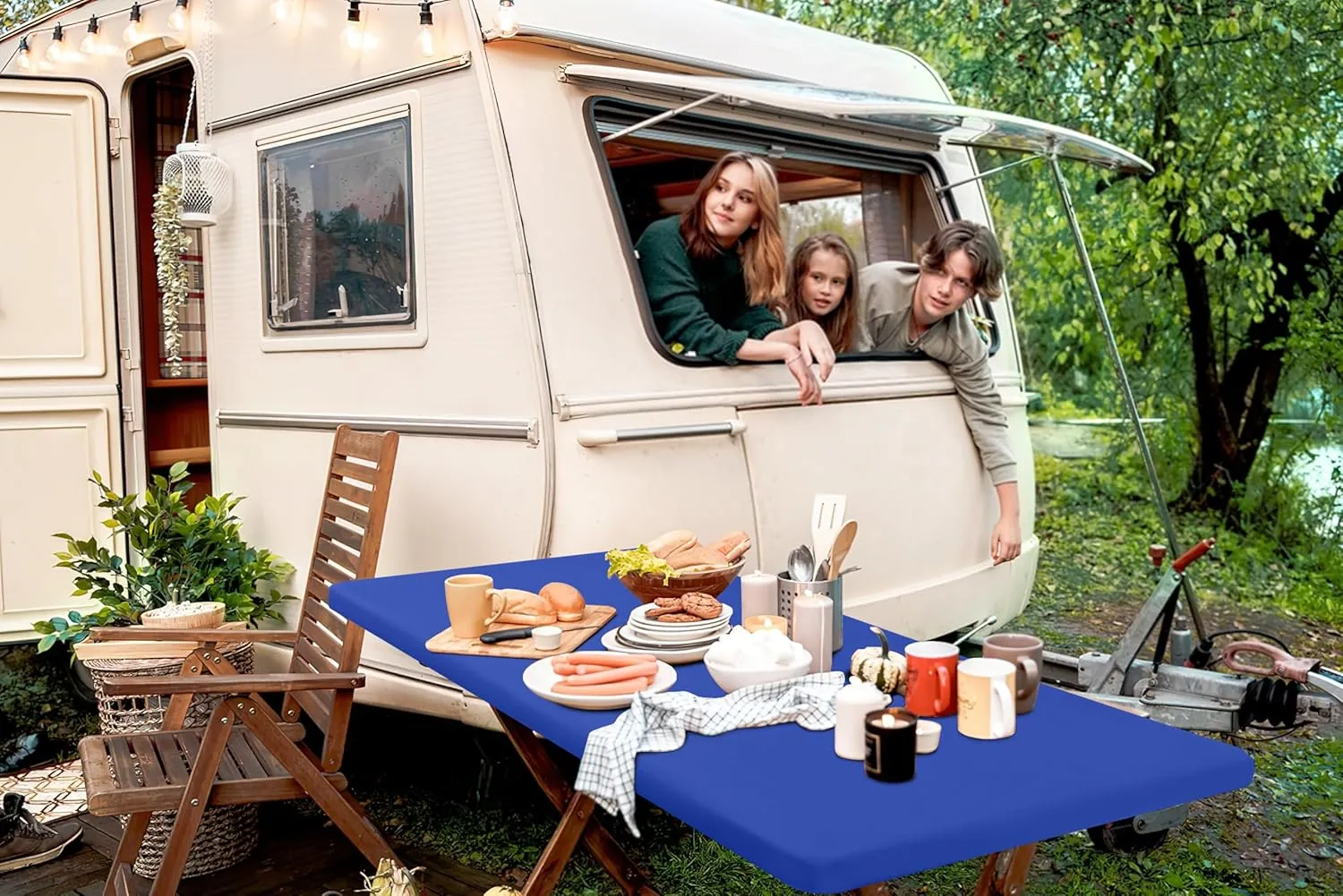 homing 2 Pack Rectangle Fully Waterproof Tablecloth, Elastic Fitted Fabric Table Cover for 6 Foot Tables, Washable Polyester Table Cloth for Picnic, Camping, Outdoor (Blue, 30" x 72")
