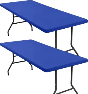 homing 2 Pack Rectangle Fully Waterproof Tablecloth, Elastic Fitted Fabric Table Cover for 6 Foot Tables, Washable Polyester Table Cloth for Picnic, Camping, Outdoor (Blue, 30" x 72")