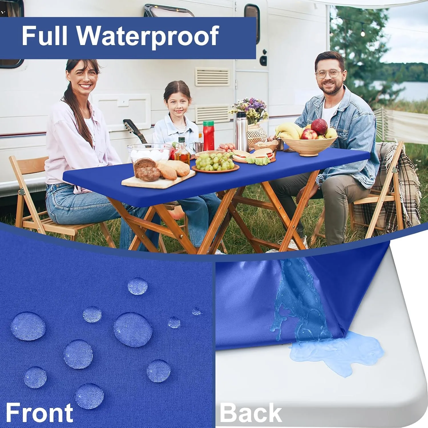 homing 2 Pack Rectangle Fully Waterproof Tablecloth, Elastic Fitted Fabric Table Cover for 6 Foot Tables, Washable Polyester Table Cloth for Picnic, Camping, Outdoor (Blue, 30" x 72")