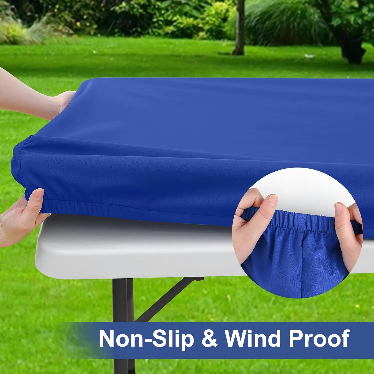 homing 2 Pack Rectangle Fully Waterproof Tablecloth, Elastic Fitted Fabric Table Cover for 6 Foot Tables, Washable Polyester Table Cloth for Picnic, Camping, Outdoor (Blue, 30" x 72")