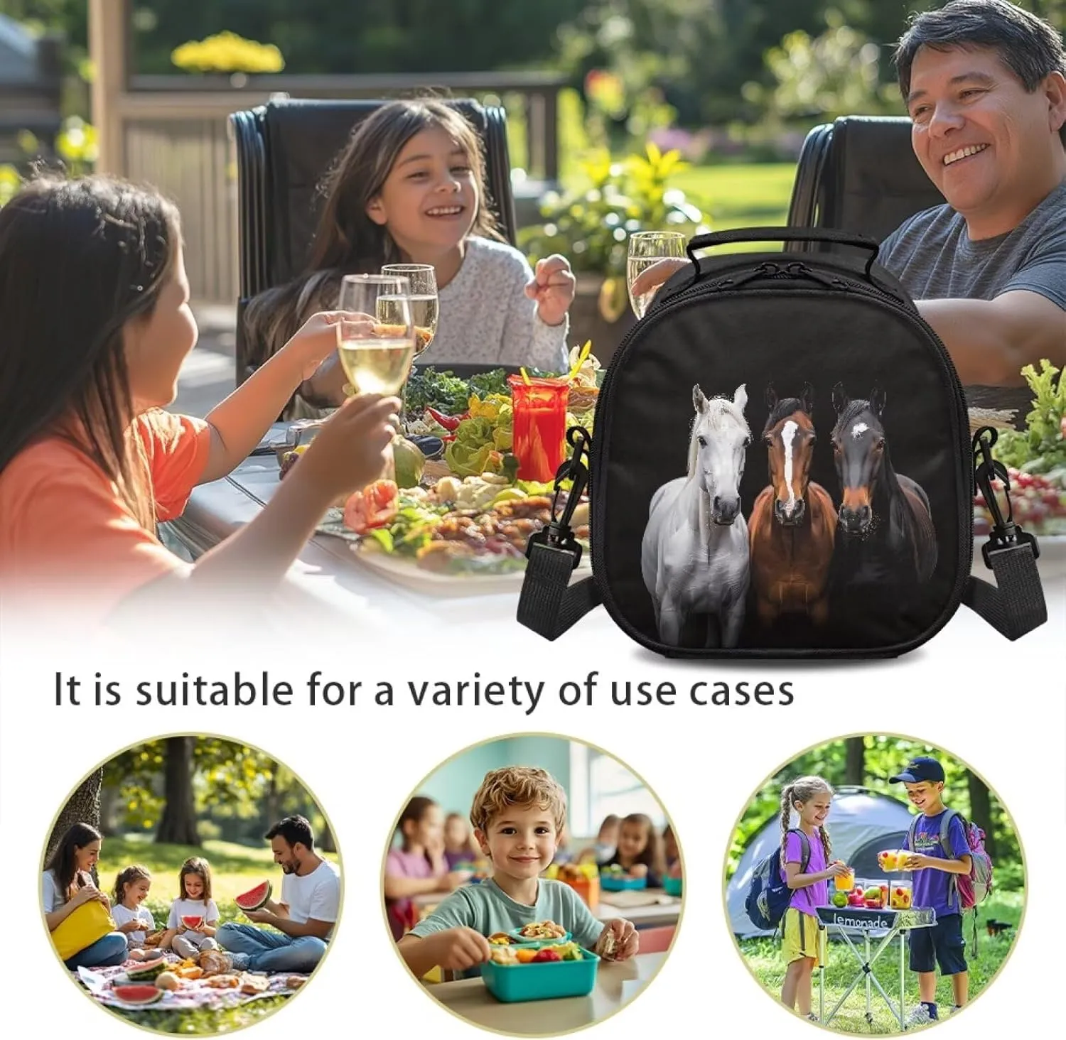 Horse Girls Lunch Box Back to School Loncheras Para Mujer with Adjustable Shoulder Strap and Inner Zipper Pocket for Travel Small Insulated Cooler Tote Bag Lunchbox, One Size