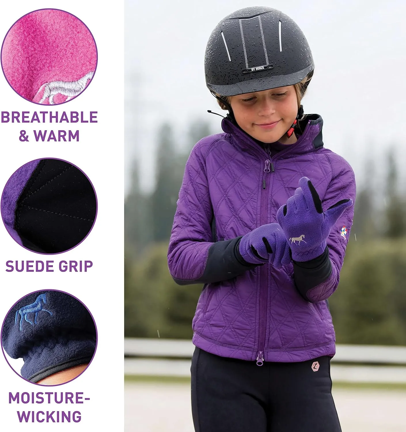 HORZE Kids' Fleece Winter Horse Riding Gloves with Pony Design