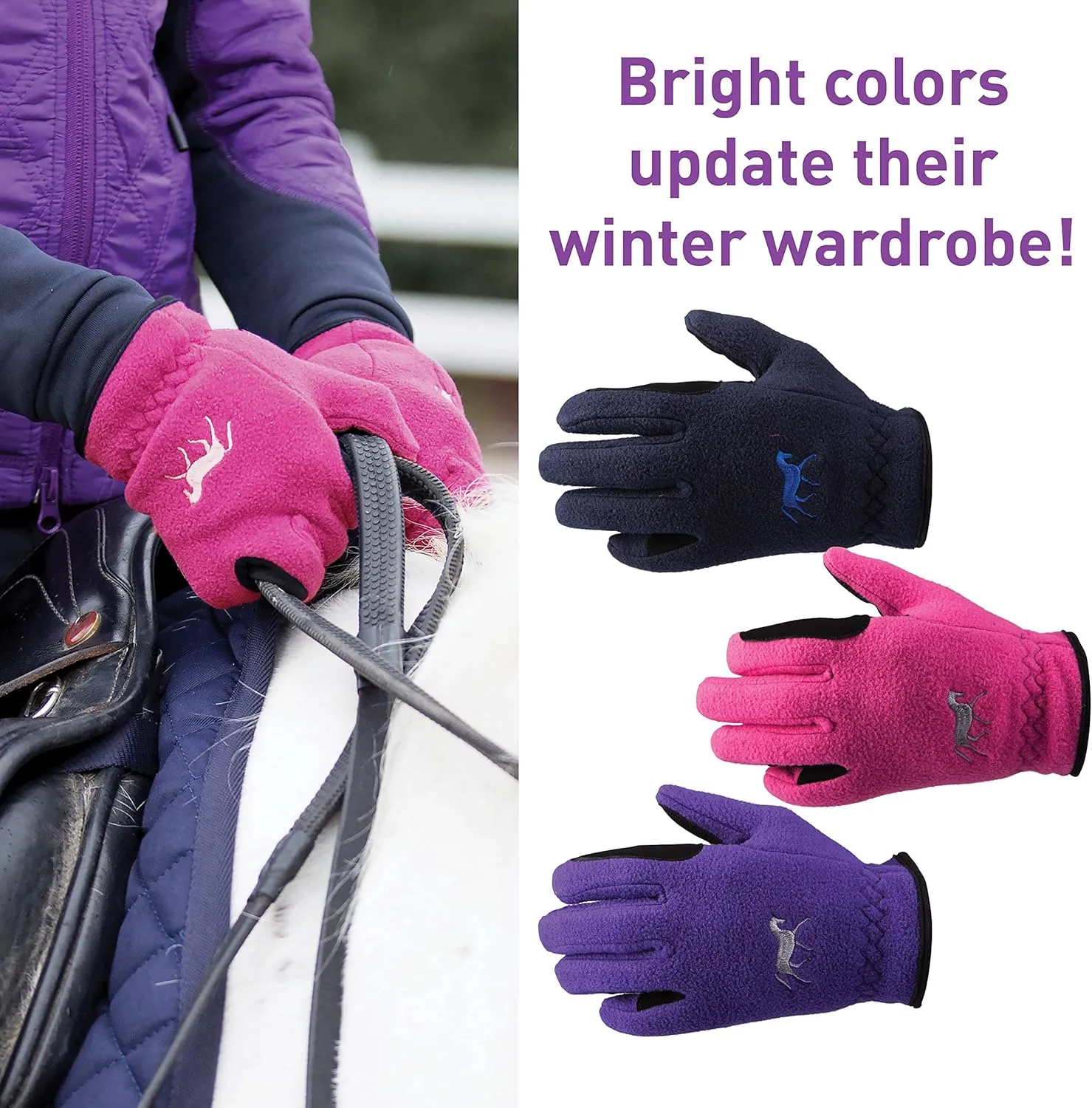 HORZE Kids' Fleece Winter Horse Riding Gloves with Pony Design