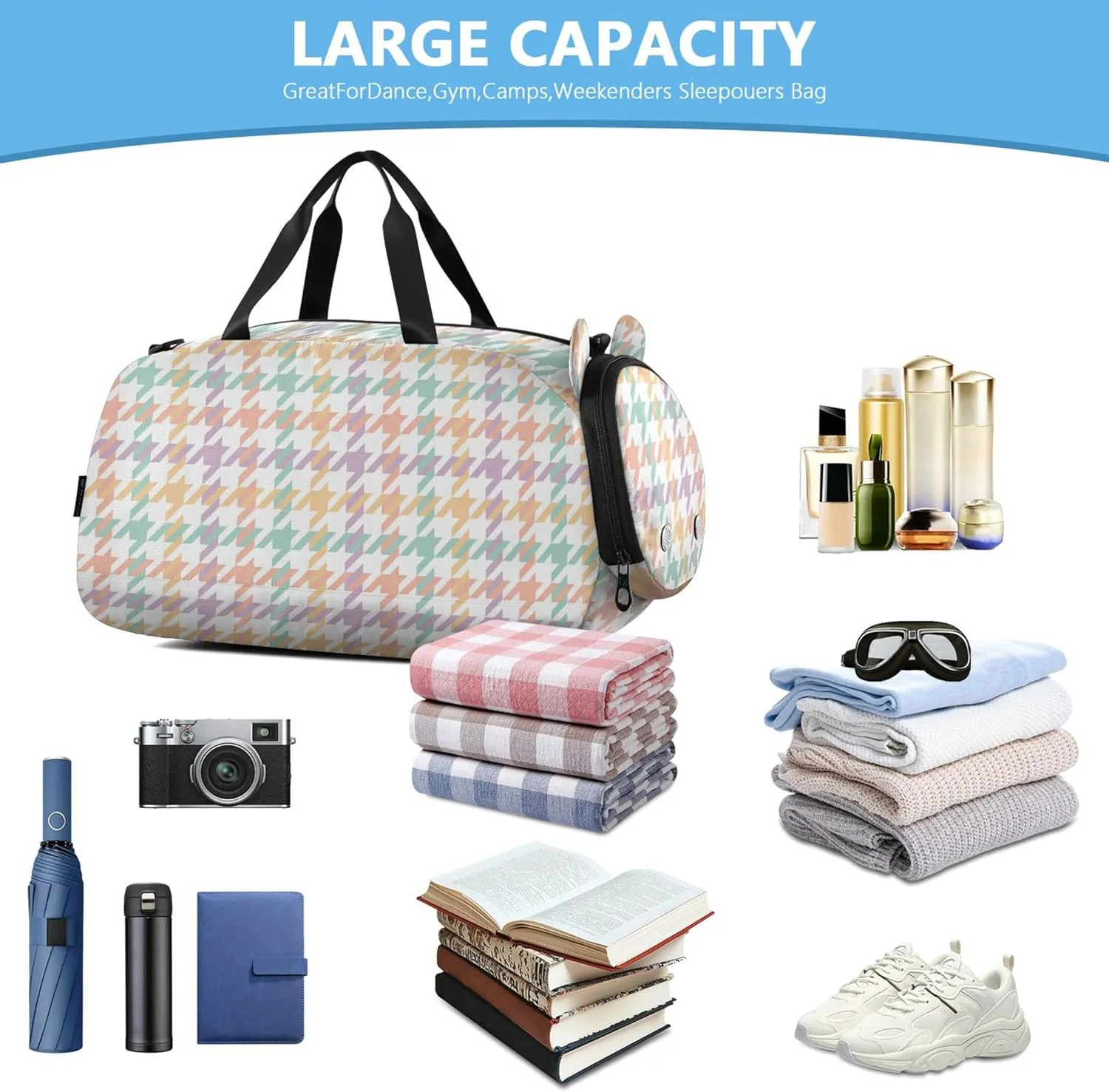 Houndstooth Pattern Girl's Gym Duffel Bag with Shoes Compartment Large Capacity Kids Overnight Duffel Bag for Travel, Sports, Duffel, Weekender
