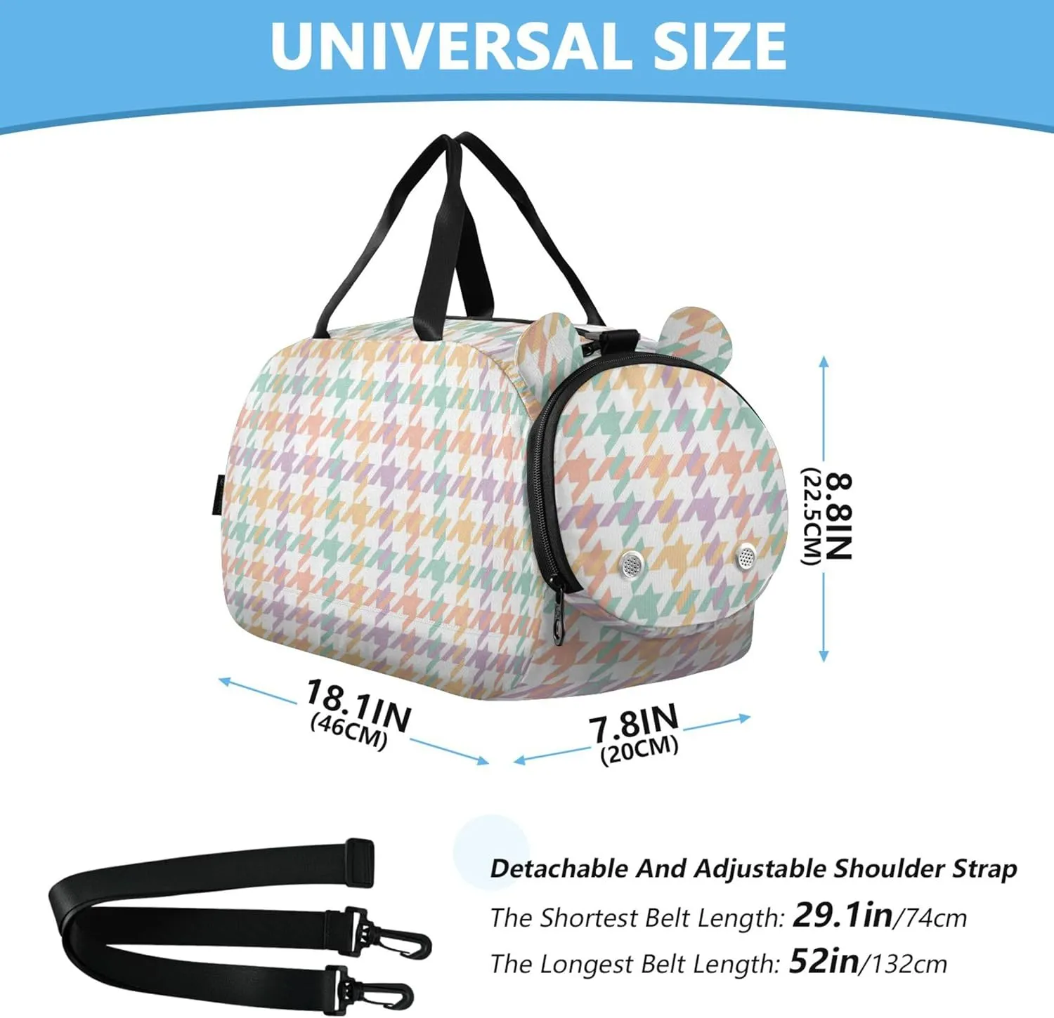 Houndstooth Pattern Girl's Gym Duffel Bag with Shoes Compartment Large Capacity Kids Overnight Duffel Bag for Travel, Sports, Duffel, Weekender