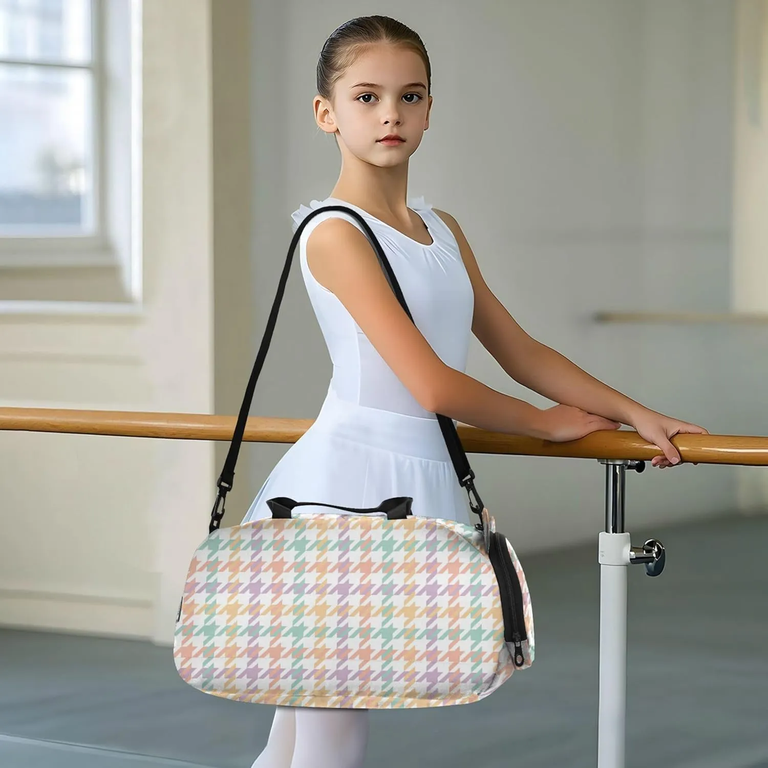 Houndstooth Pattern Girl's Gym Duffel Bag with Shoes Compartment Large Capacity Kids Overnight Duffel Bag for Travel, Sports, Duffel, Weekender