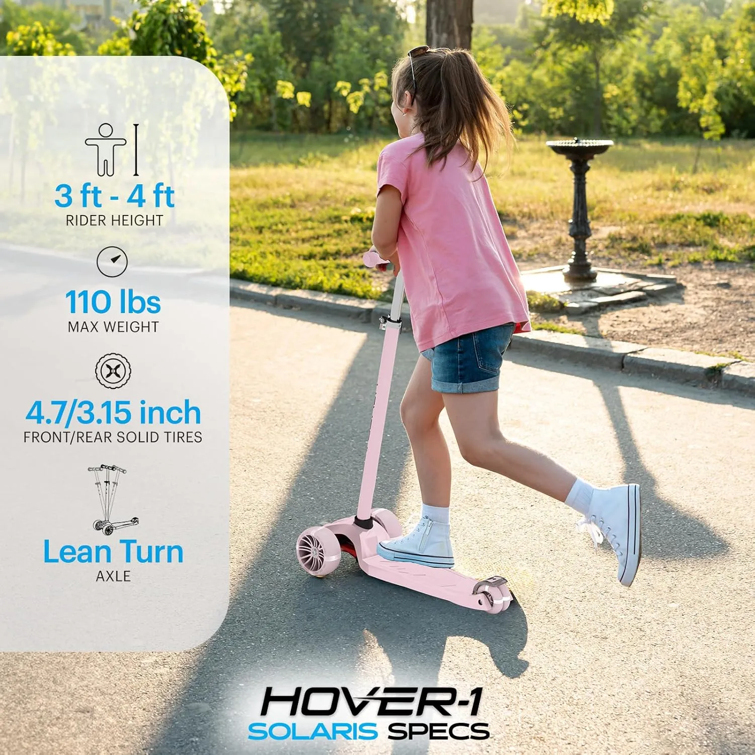 Hover-1 Solaris Kick Scooter with Multicolor Wheel Lights, 4.5” Front Wheels, Rear Foot Brake, and 110 Pound Weight Capacity