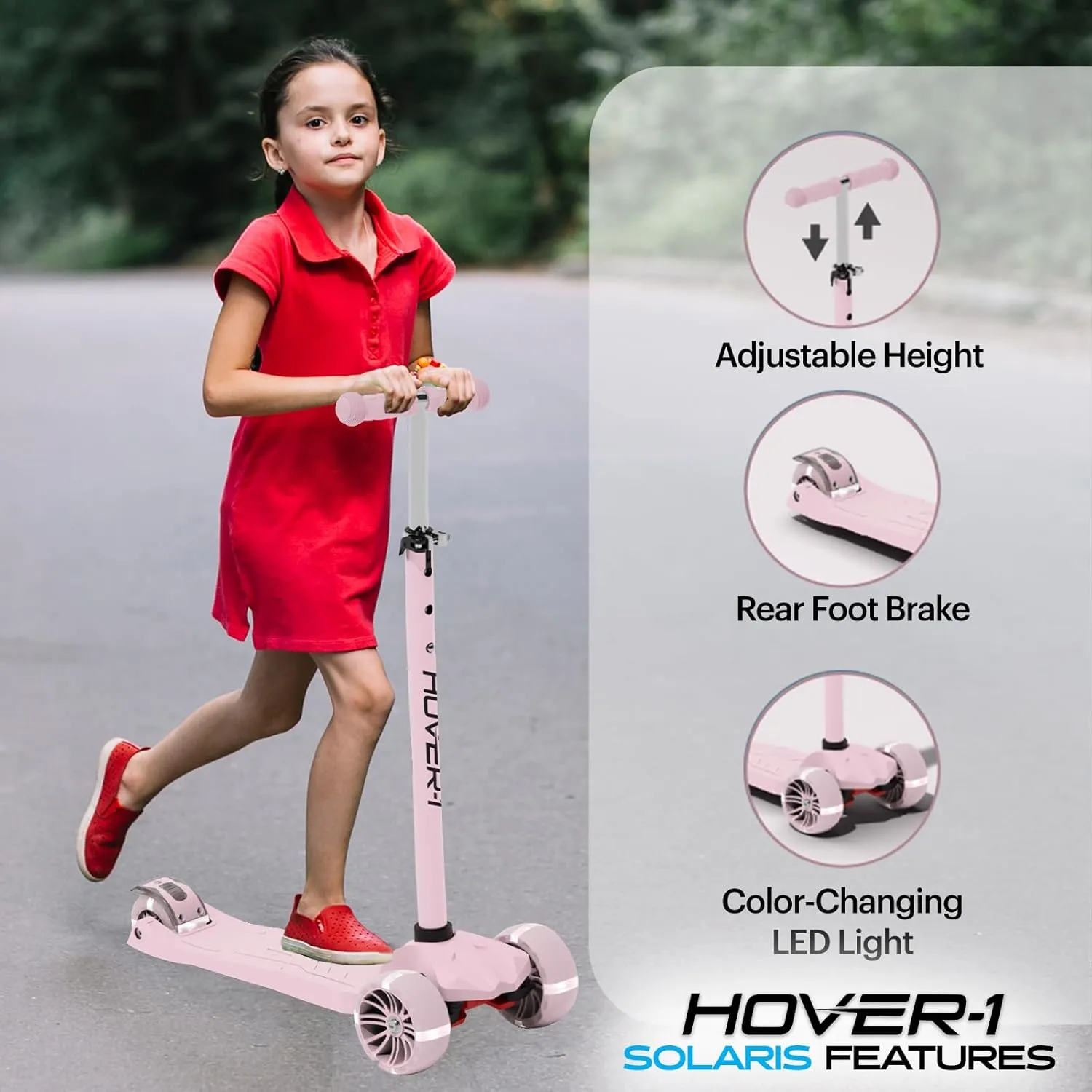 Hover-1 Solaris Kick Scooter with Multicolor Wheel Lights, 4.5” Front Wheels, Rear Foot Brake, and 110 Pound Weight Capacity