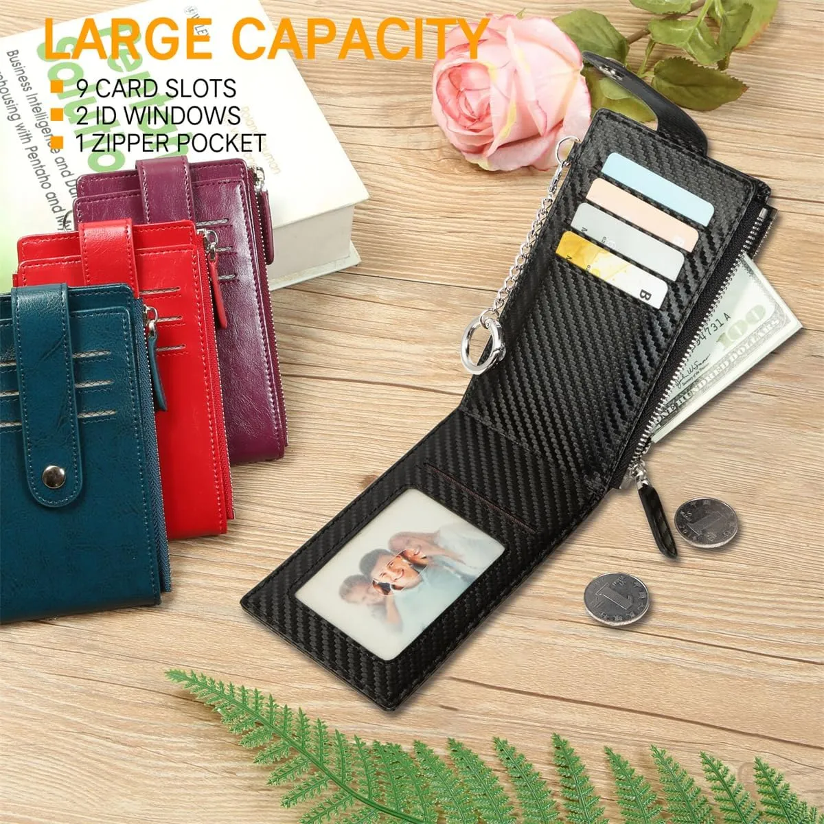 Huztencor Credit Card Holder for Women RFID Small Wallet Women Slim - Multi Zipper Card Case with Keychain