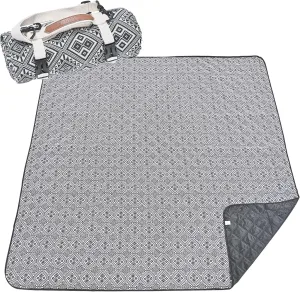 HX&OD Extra Large Outdoor Picnic Blankets for Camping on Grass, Waterproof Picnic Blanket for Beach, Portable with Adjustable Carry Strap Saves Space (Black Pattern, 60‘’*80‘’)