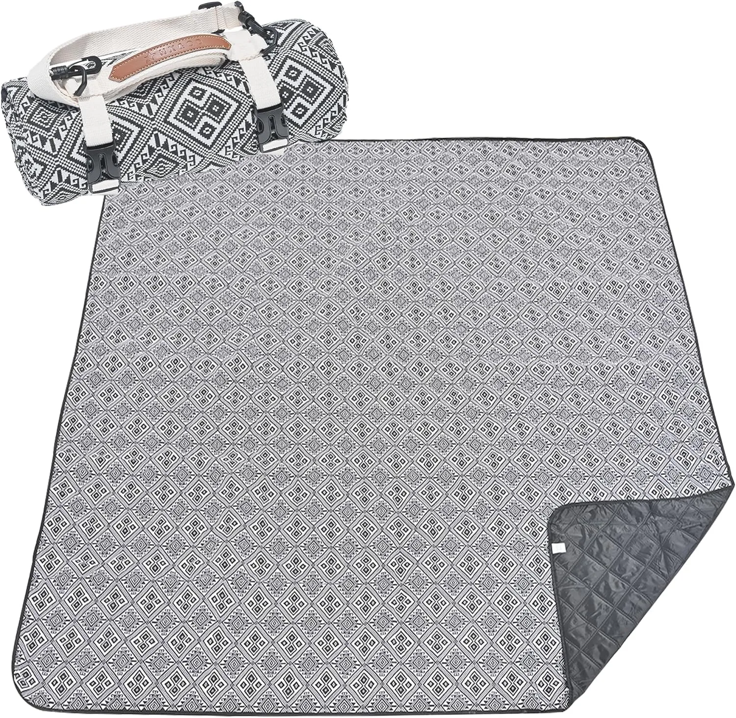 HX&OD Extra Large Outdoor Picnic Blankets for Camping on Grass, Waterproof Picnic Blanket for Beach, Portable with Adjustable Carry Strap Saves Space (Black Pattern, 60‘’*80‘’)