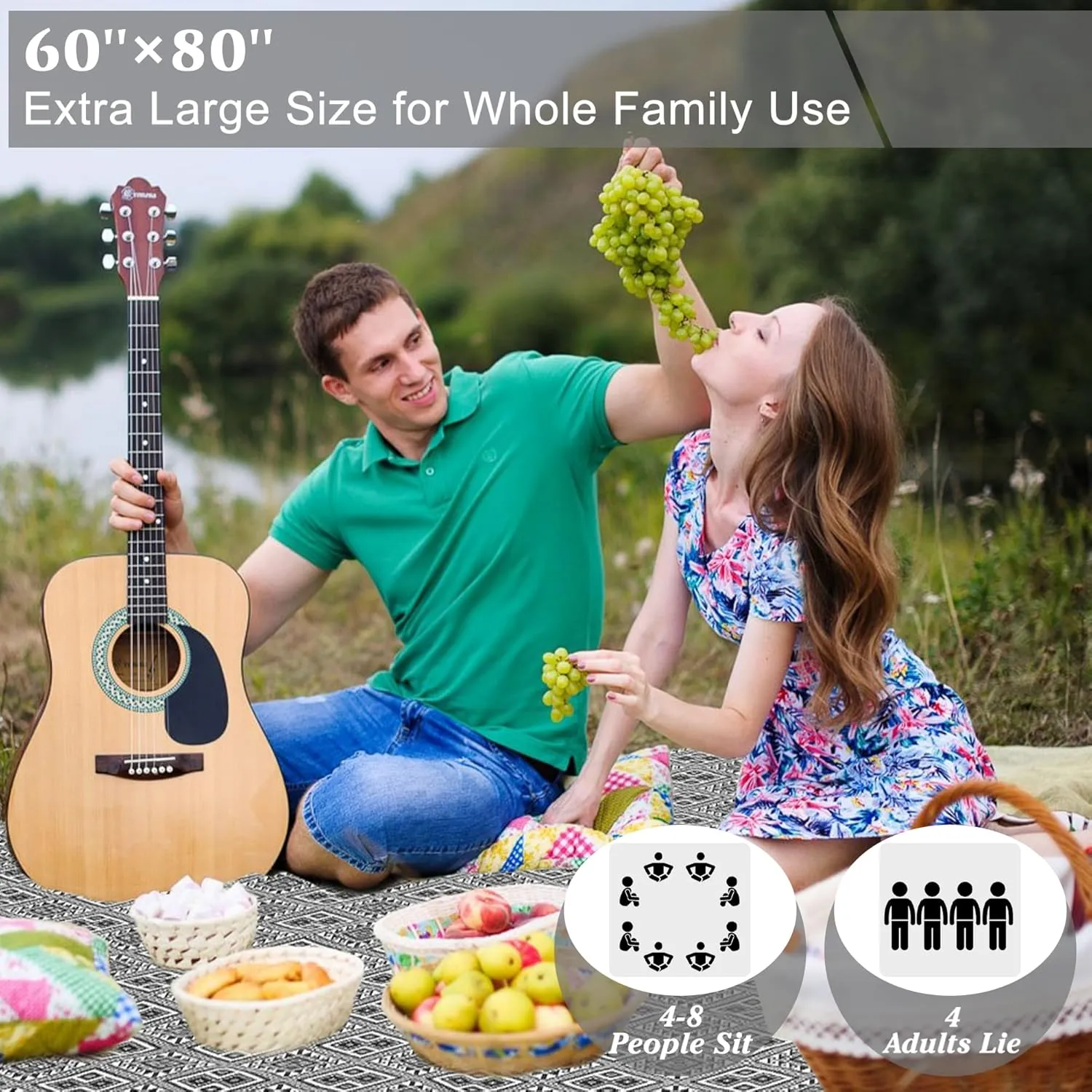 HX&OD Extra Large Outdoor Picnic Blankets for Camping on Grass, Waterproof Picnic Blanket for Beach, Portable with Adjustable Carry Strap Saves Space (Black Pattern, 60‘’*80‘’)