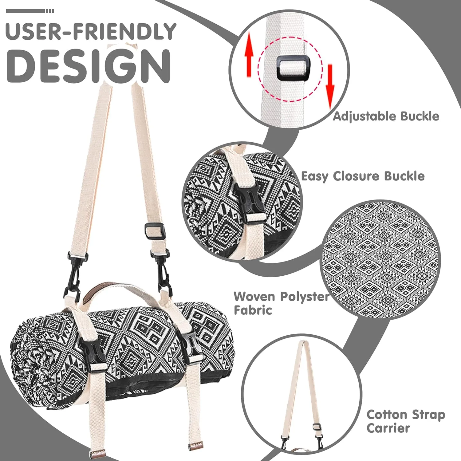HX&OD Extra Large Outdoor Picnic Blankets for Camping on Grass, Waterproof Picnic Blanket for Beach, Portable with Adjustable Carry Strap Saves Space (Black Pattern, 60‘’*80‘’)