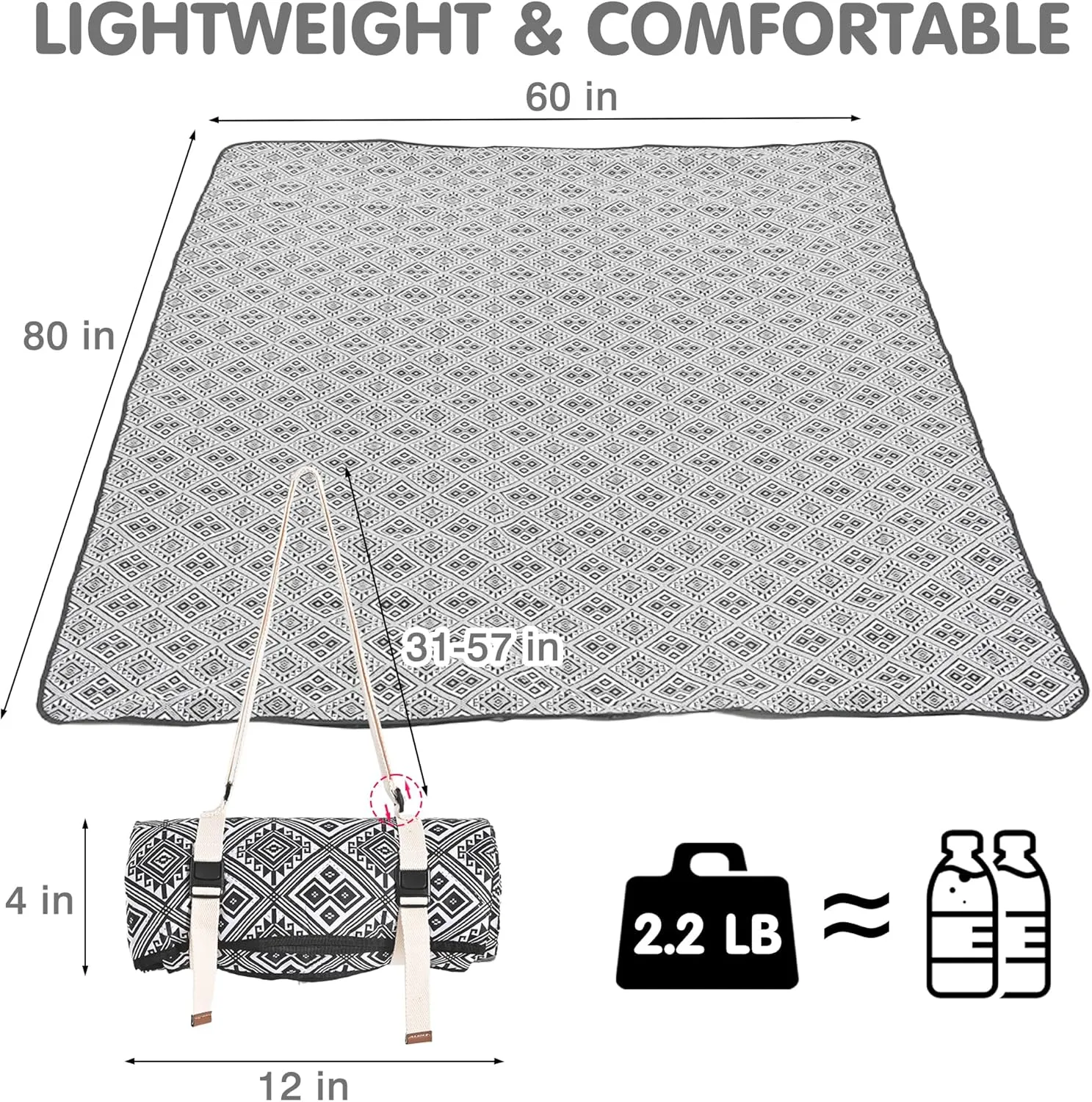 HX&OD Extra Large Outdoor Picnic Blankets for Camping on Grass, Waterproof Picnic Blanket for Beach, Portable with Adjustable Carry Strap Saves Space (Black Pattern, 60‘’*80‘’)