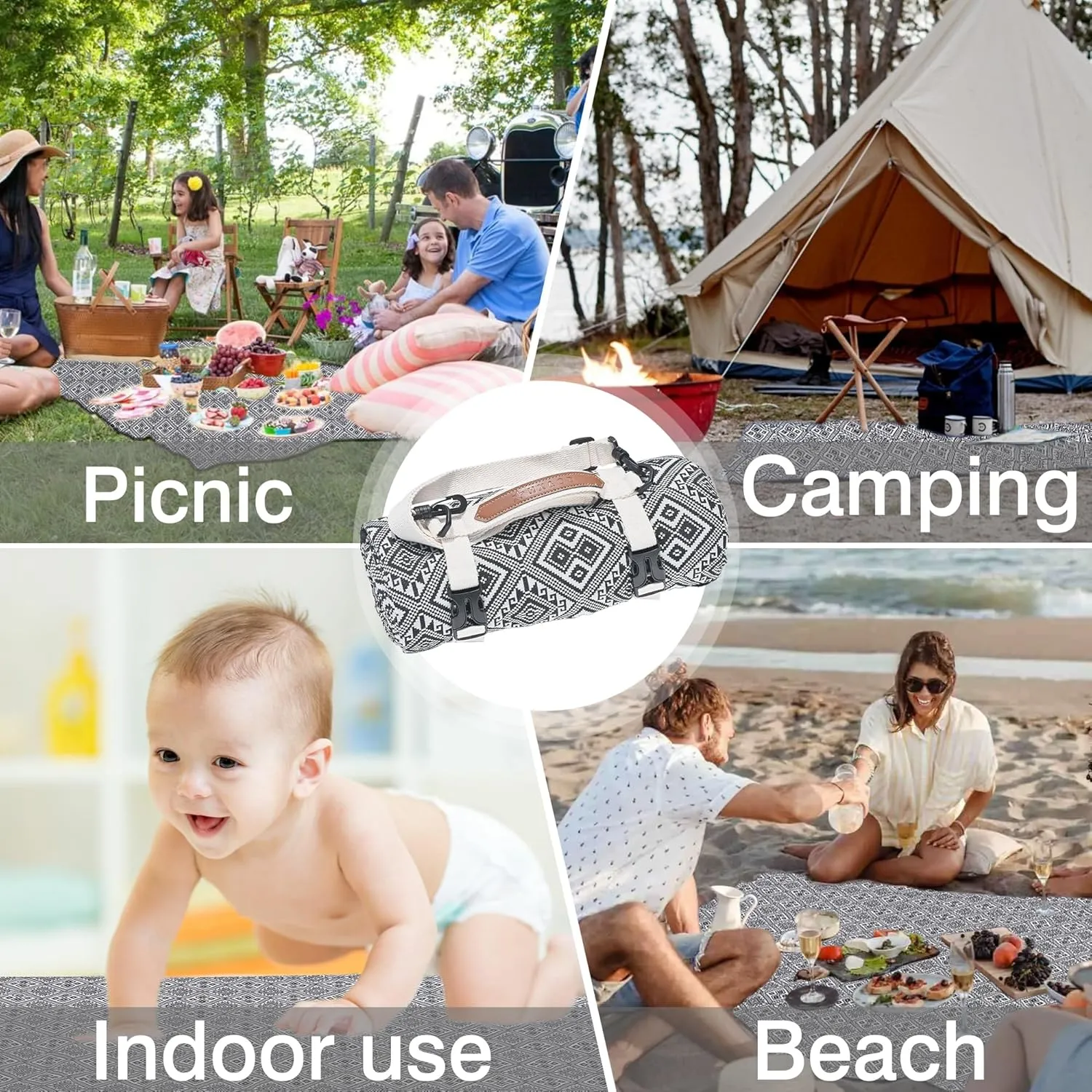 HX&OD Extra Large Outdoor Picnic Blankets for Camping on Grass, Waterproof Picnic Blanket for Beach, Portable with Adjustable Carry Strap Saves Space (Black Pattern, 60‘’*80‘’)