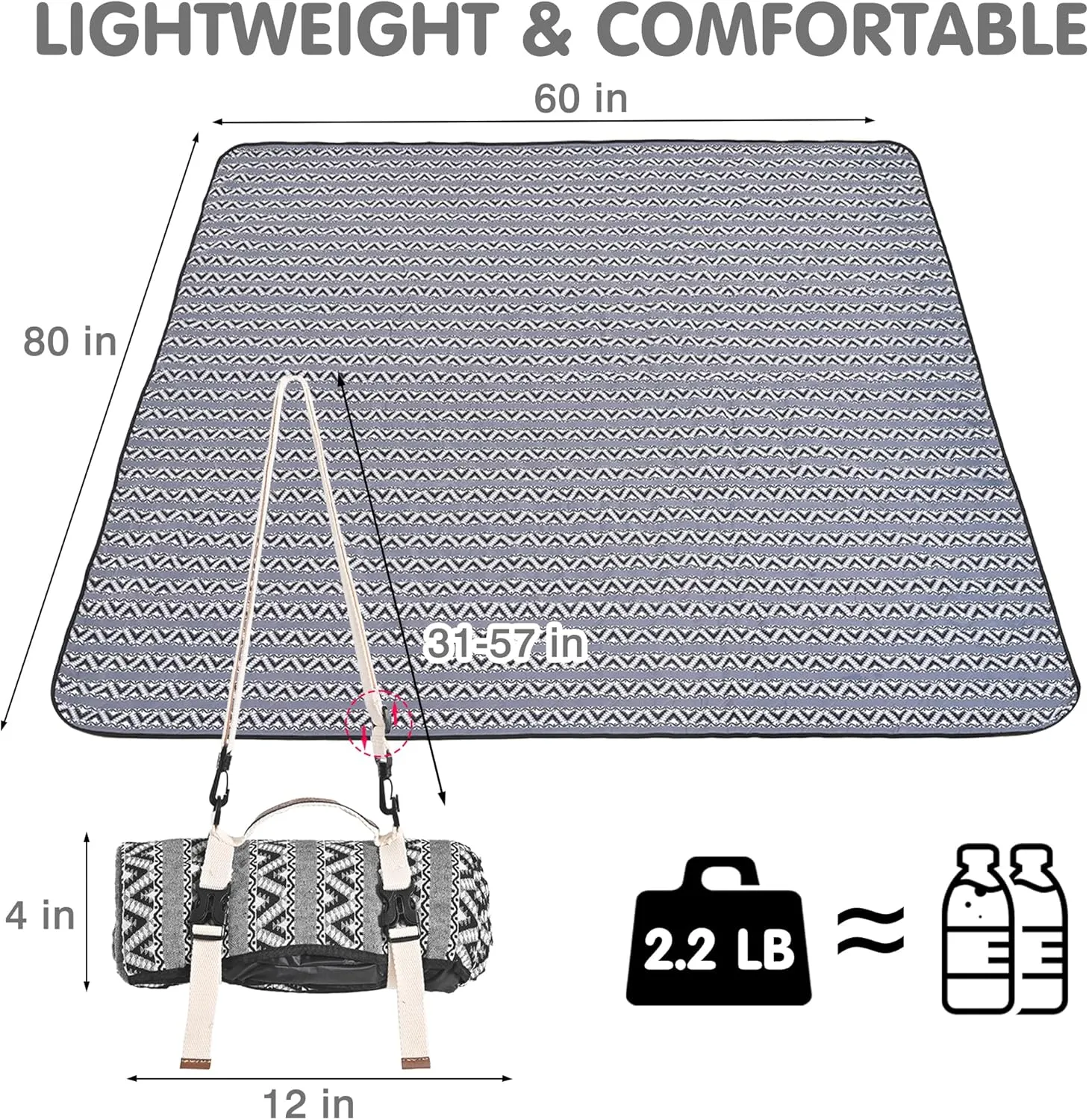 HX&OD Extra Large Outdoor Picnic Blankets for Camping on Grass, Waterproof Picnic Blanket for Beach, Portable with Adjustable Carry Strap Saves Space (Black Stripes, 60‘’*80‘’)