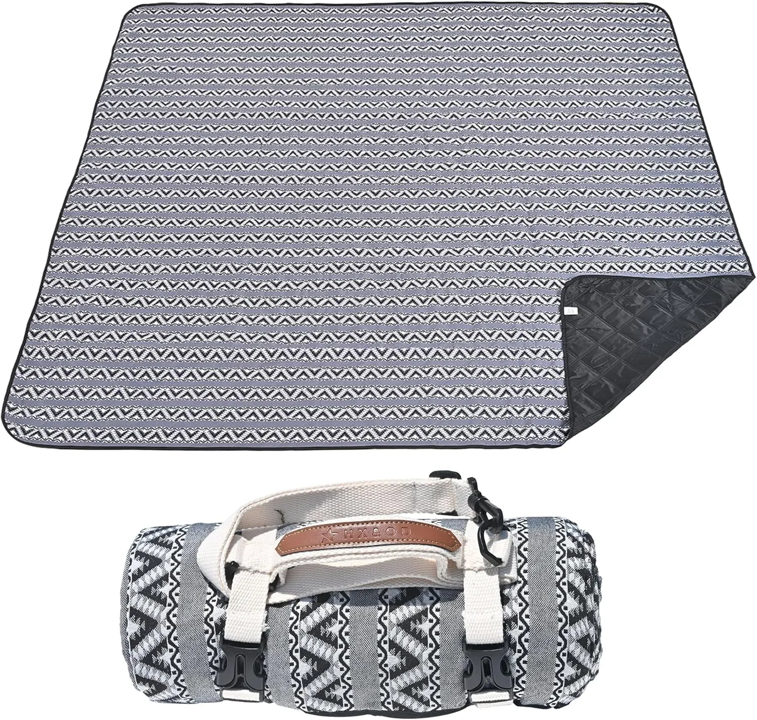 HX&OD Extra Large Outdoor Picnic Blankets for Camping on Grass, Waterproof Picnic Blanket for Beach, Portable with Adjustable Carry Strap Saves Space (Black Stripes, 60‘’*80‘’)
