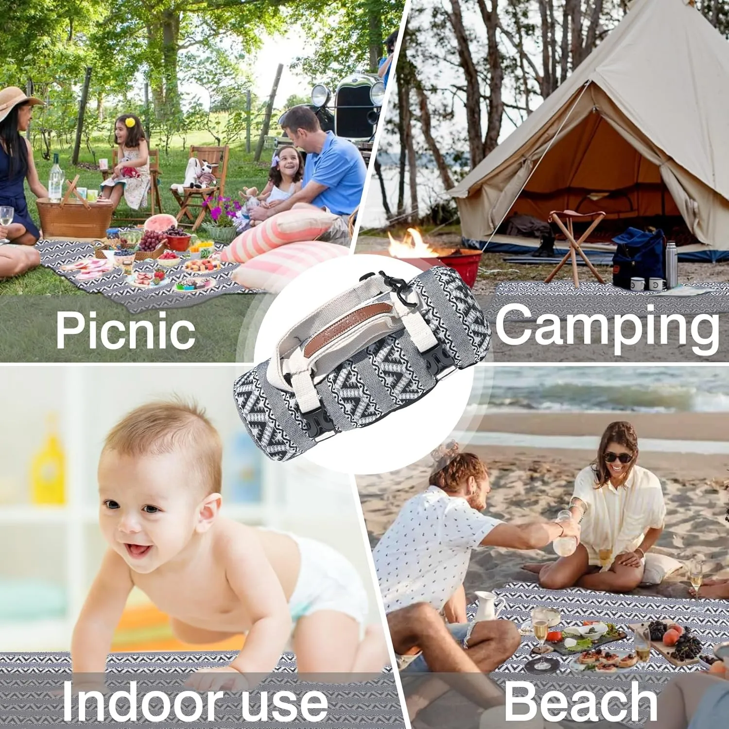 HX&OD Extra Large Outdoor Picnic Blankets for Camping on Grass, Waterproof Picnic Blanket for Beach, Portable with Adjustable Carry Strap Saves Space (Black Stripes, 60‘’*80‘’)