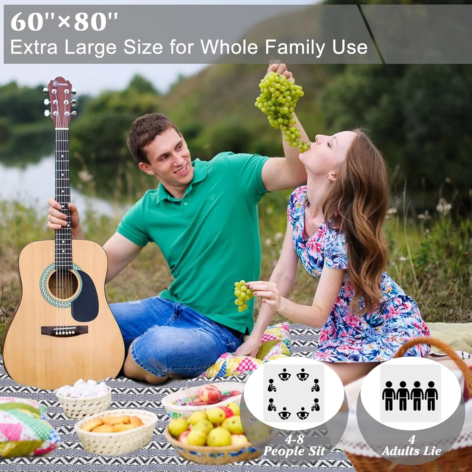 HX&OD Extra Large Outdoor Picnic Blankets for Camping on Grass, Waterproof Picnic Blanket for Beach, Portable with Adjustable Carry Strap Saves Space (Black Stripes, 60‘’*80‘’)