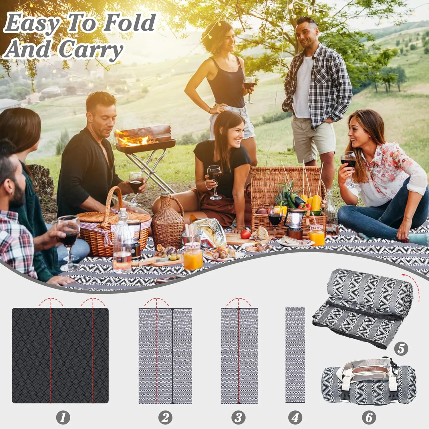 HX&OD Extra Large Outdoor Picnic Blankets for Camping on Grass, Waterproof Picnic Blanket for Beach, Portable with Adjustable Carry Strap Saves Space (Black Stripes, 60‘’*80‘’)