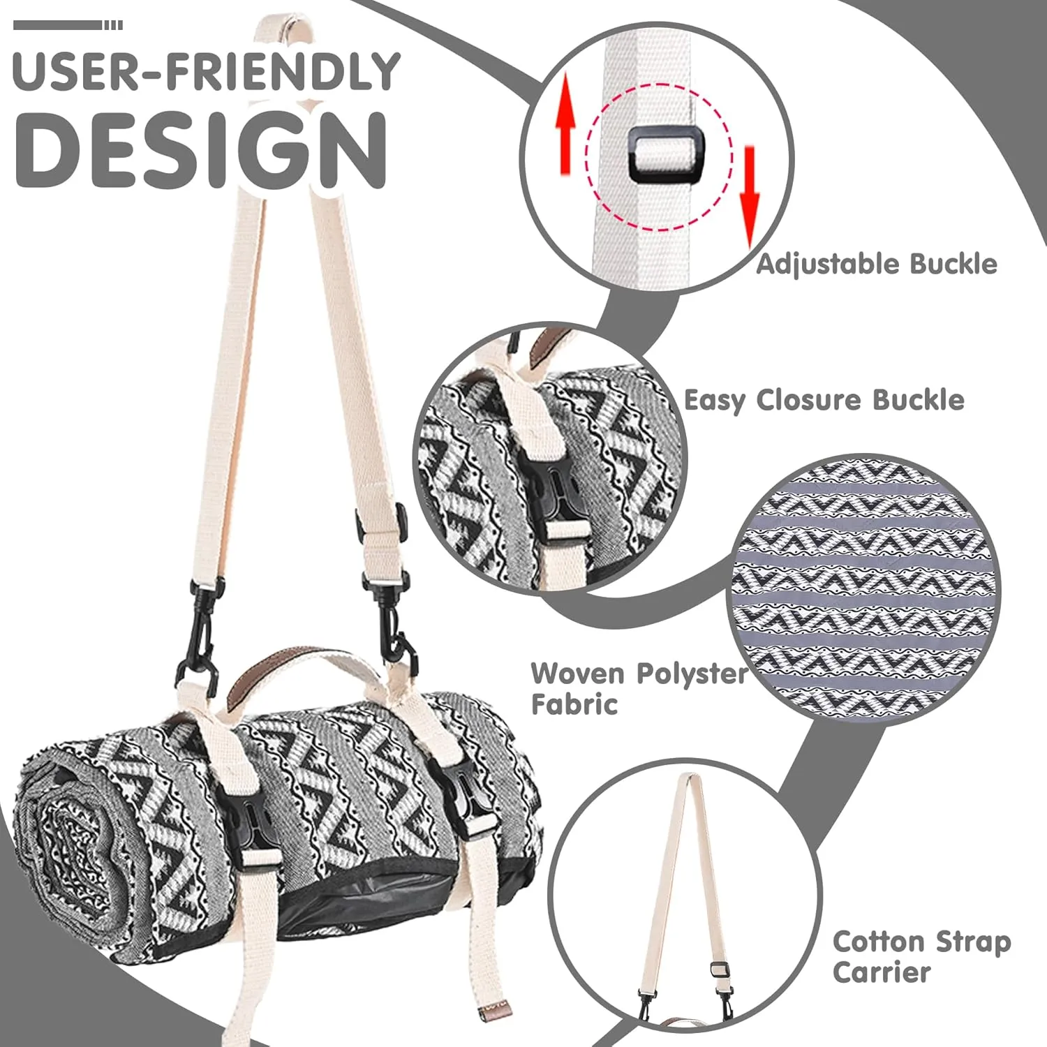 HX&OD Extra Large Outdoor Picnic Blankets for Camping on Grass, Waterproof Picnic Blanket for Beach, Portable with Adjustable Carry Strap Saves Space (Black Stripes, 60‘’*80‘’)