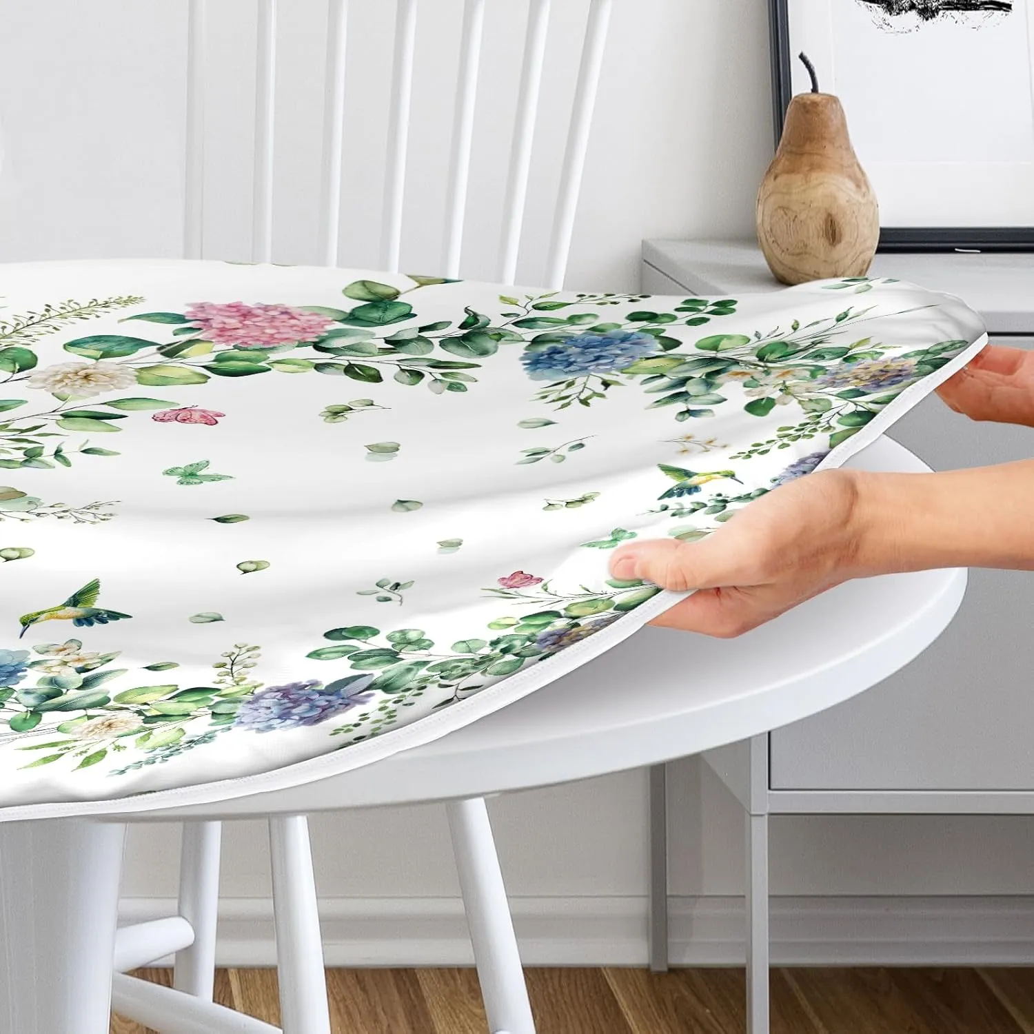 Hydrangea Round Fitted Tablecloth with Elastic Edge Eucalyptus Leaves Outdoor Tablecloth Waterproof Table Cover for Picnic Dinner Party Decor Fits 48-52" Diameter Round Tables