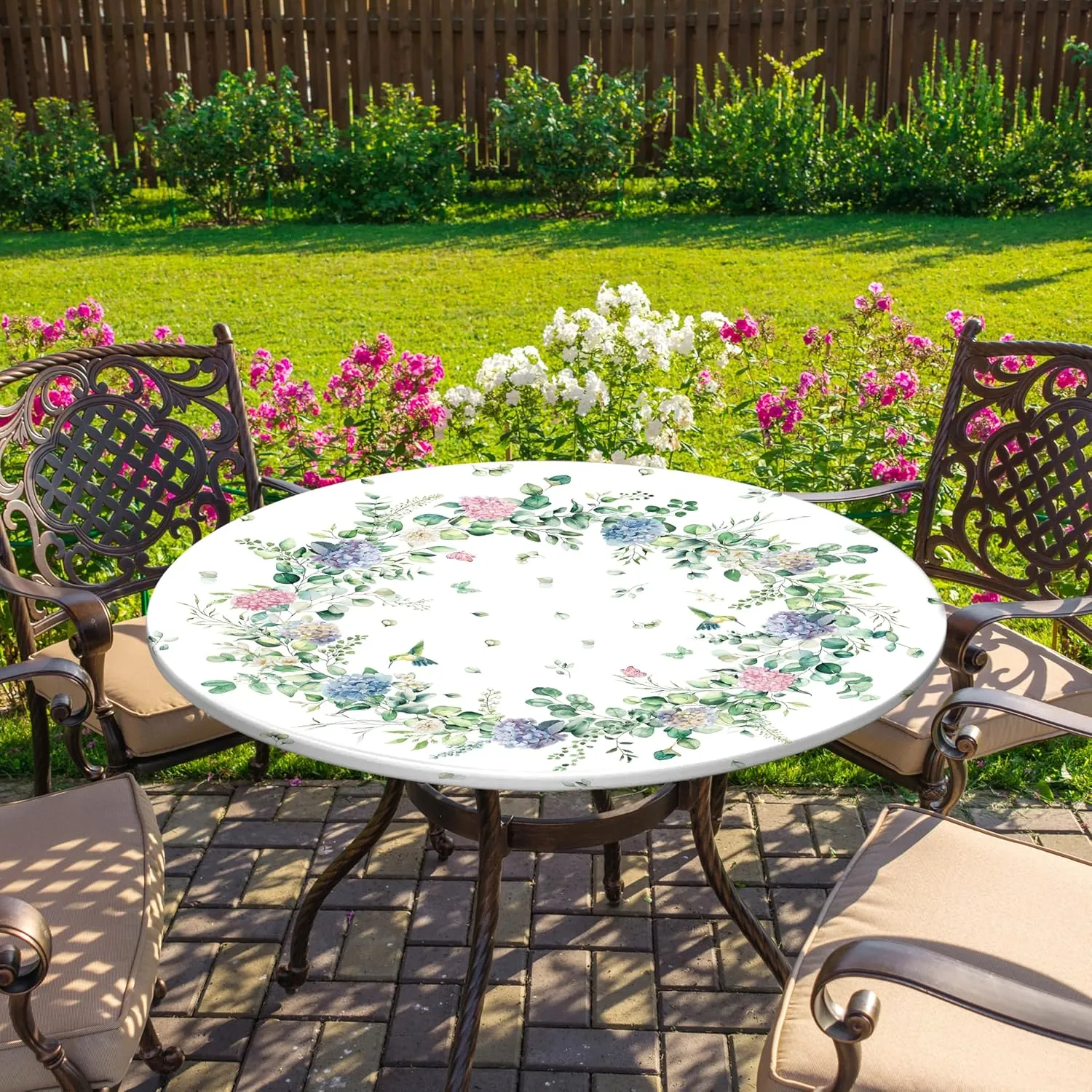 Hydrangea Round Fitted Tablecloth with Elastic Edge Eucalyptus Leaves Outdoor Tablecloth Waterproof Table Cover for Picnic Dinner Party Decor Fits 48-52" Diameter Round Tables