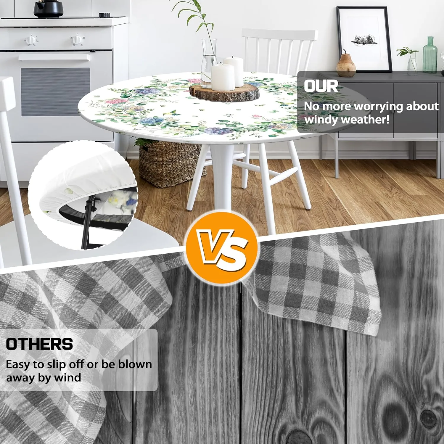 Hydrangea Round Fitted Tablecloth with Elastic Edge Eucalyptus Leaves Outdoor Tablecloth Waterproof Table Cover for Picnic Dinner Party Decor Fits 48-52" Diameter Round Tables