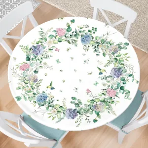 Hydrangea Round Fitted Tablecloth with Elastic Edge Eucalyptus Leaves Outdoor Tablecloth Waterproof Table Cover for Picnic Dinner Party Decor Fits 48-52" Diameter Round Tables