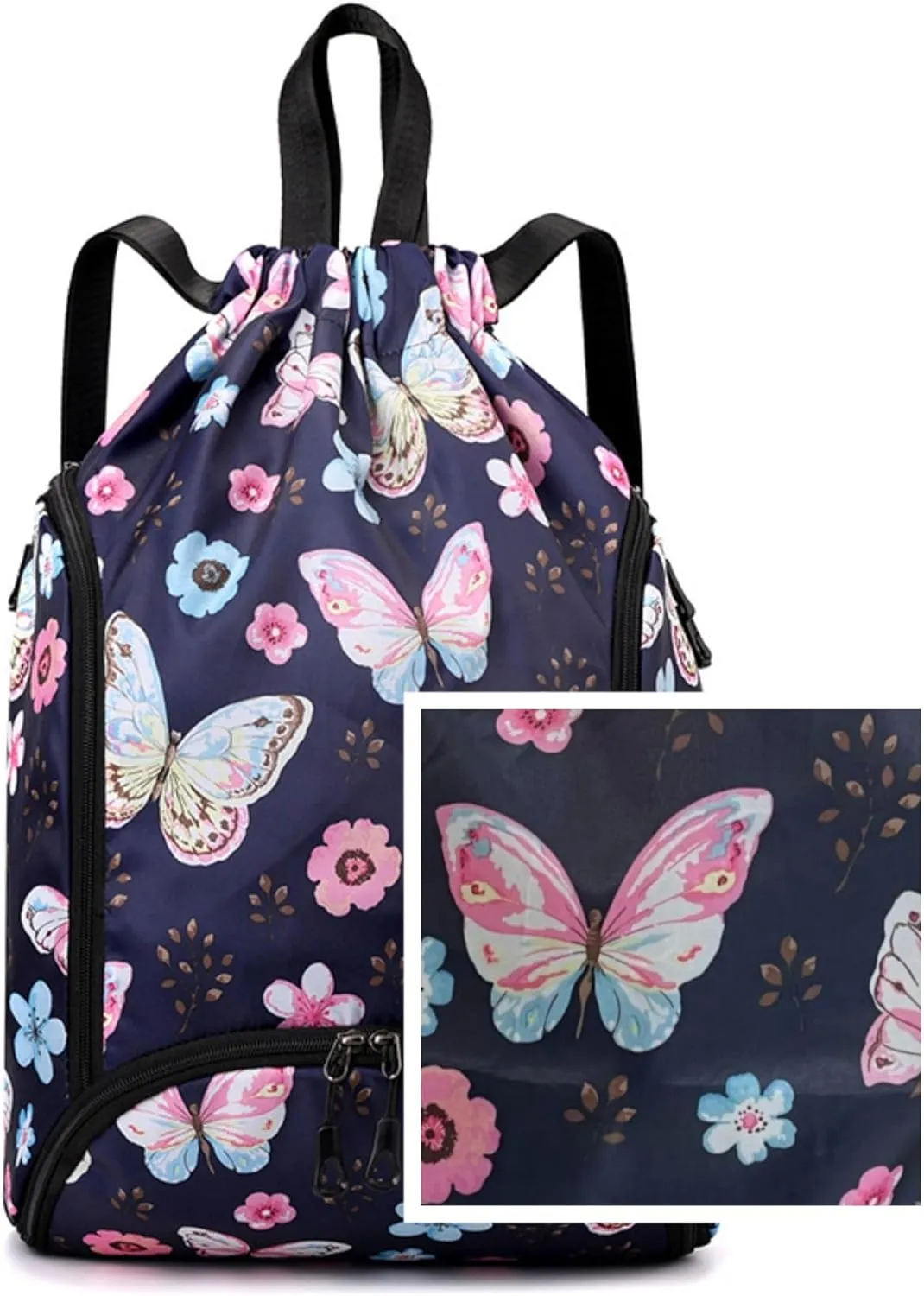 IAMUHI Nylon Drawstring Backpack Sports Gym Travel Bag for Women Men Large with Two Zipper Pockets Daypack Shoulder Bag Purse, Butterfly