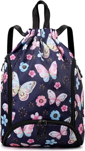 IAMUHI Nylon Drawstring Backpack Sports Gym Travel Bag for Women Men Large with Two Zipper Pockets Daypack Shoulder Bag Purse, Butterfly