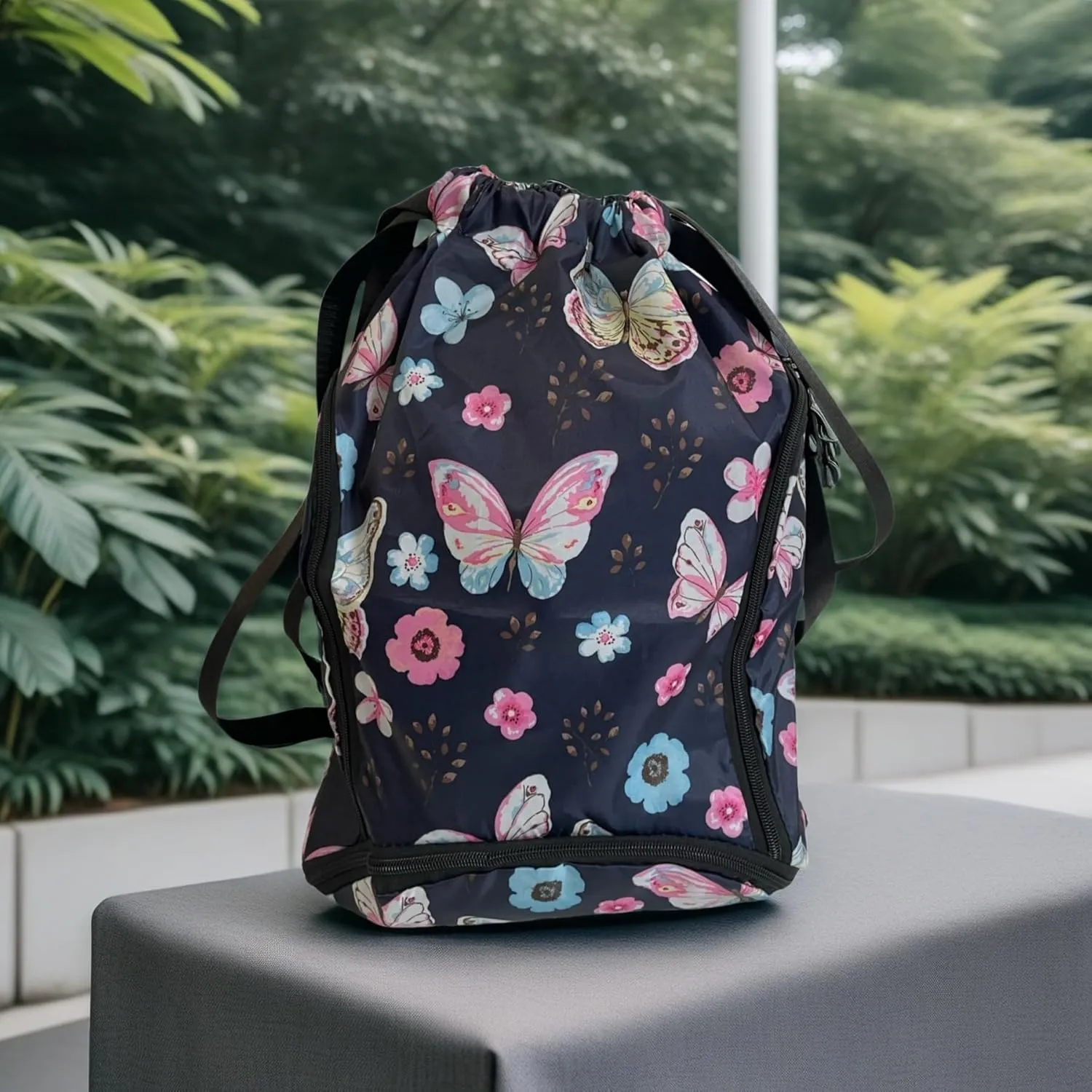 IAMUHI Nylon Drawstring Backpack Sports Gym Travel Bag for Women Men Large with Two Zipper Pockets Daypack Shoulder Bag Purse, Butterfly