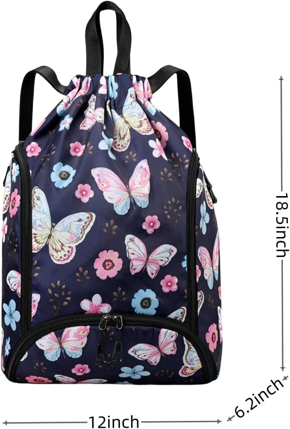 IAMUHI Nylon Drawstring Backpack Sports Gym Travel Bag for Women Men Large with Two Zipper Pockets Daypack Shoulder Bag Purse, Butterfly