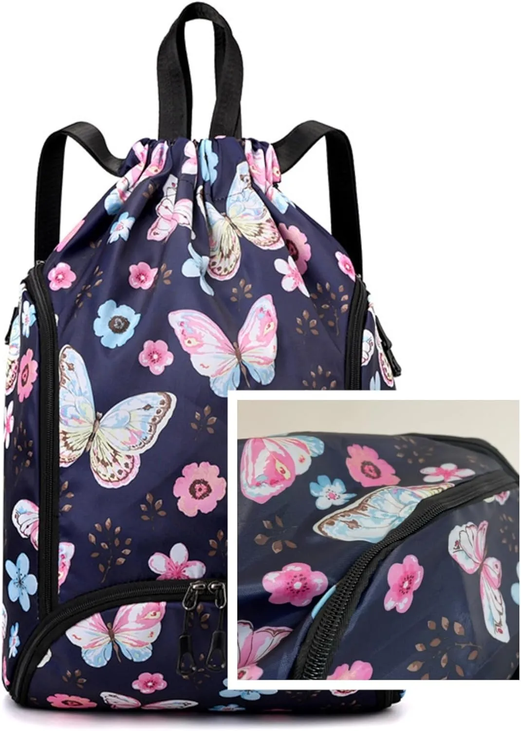 IAMUHI Nylon Drawstring Backpack Sports Gym Travel Bag for Women Men Large with Two Zipper Pockets Daypack Shoulder Bag Purse, Butterfly