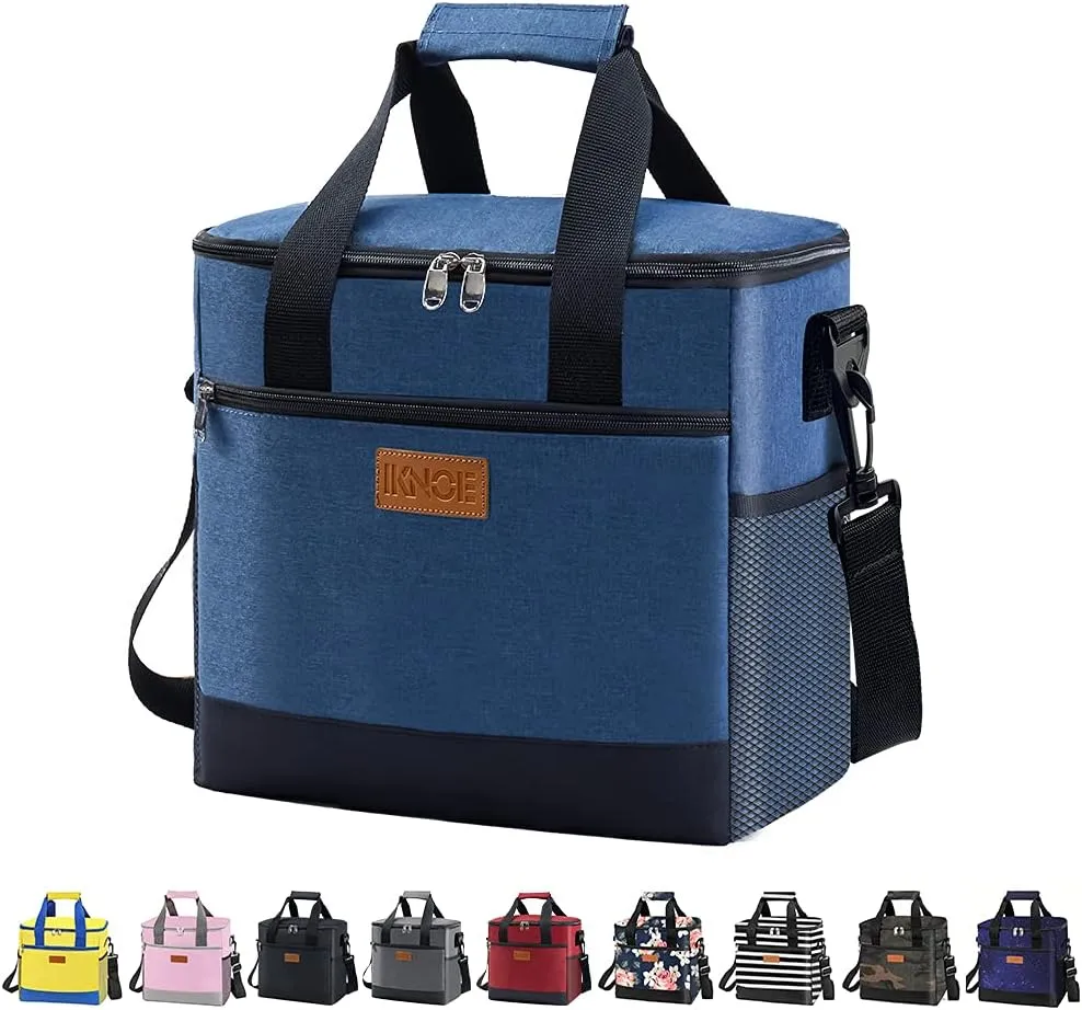iknoe Large Cooler Bag Collapsible, 15L Insulated Bags, Leakproof Lunch Cooler Tote with Multi-Pockets for Adult, Insulated Lunch Box for Beach, Picnic,Work, Blue 24-Can