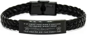 Industrial Organizational Psychologist Braided Leather Bracelet, If at first you don't succeed, try doing what your athletic trainer told you to do the first time., Laser Engraved, Stainless Stee