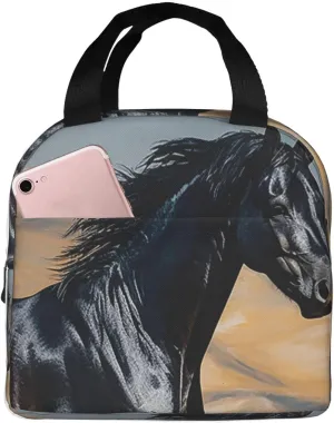 Insulated Lunch Bag for Women Men Black arabian horse Lunch Box Leakproof Reusable Lunch Cooler Tote for Work Travel Picnic Outdoor