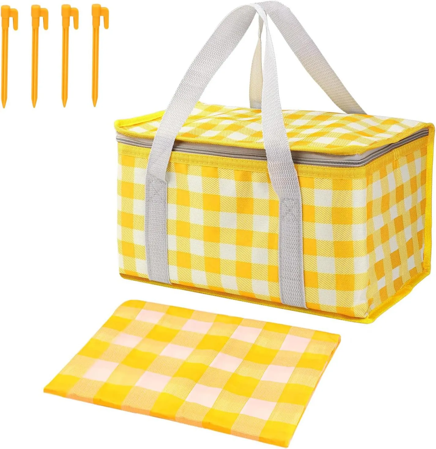 Insulated Picnic Bag with Leakproof Liner Foldable Reusable Cooler Basket Includes Disposable Picnic Mat Sturdy Handle Ideal for Outdoor Activities Travel Beach Camping (Yellow)
