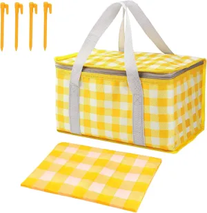 Insulated Picnic Bag with Leakproof Liner Foldable Reusable Cooler Basket Includes Disposable Picnic Mat Sturdy Handle Ideal for Outdoor Activities Travel Beach Camping (Yellow)