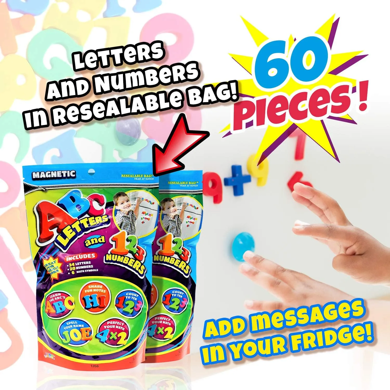 JA-RU Magnetic Alphabet Letters and Numbers w/Math Symbols (1 Bag, 60 Pieces) Uppercase Magnetic Letters and Numbers for Fridge. Educational Math Toys & Sentence Building for Kids. 1403-1A