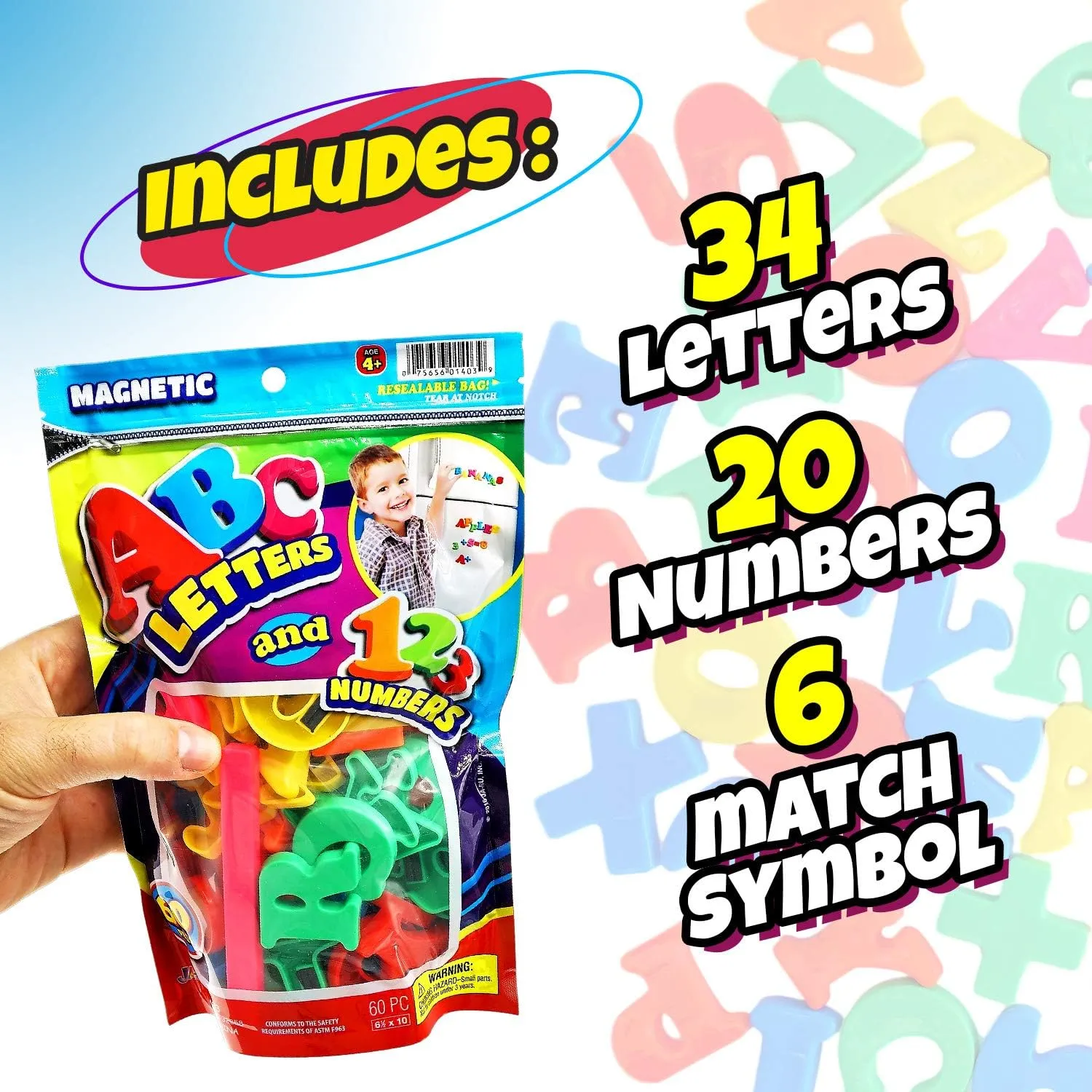 JA-RU Magnetic Alphabet Letters and Numbers w/Math Symbols (1 Bag, 60 Pieces) Uppercase Magnetic Letters and Numbers for Fridge. Educational Math Toys & Sentence Building for Kids. 1403-1A