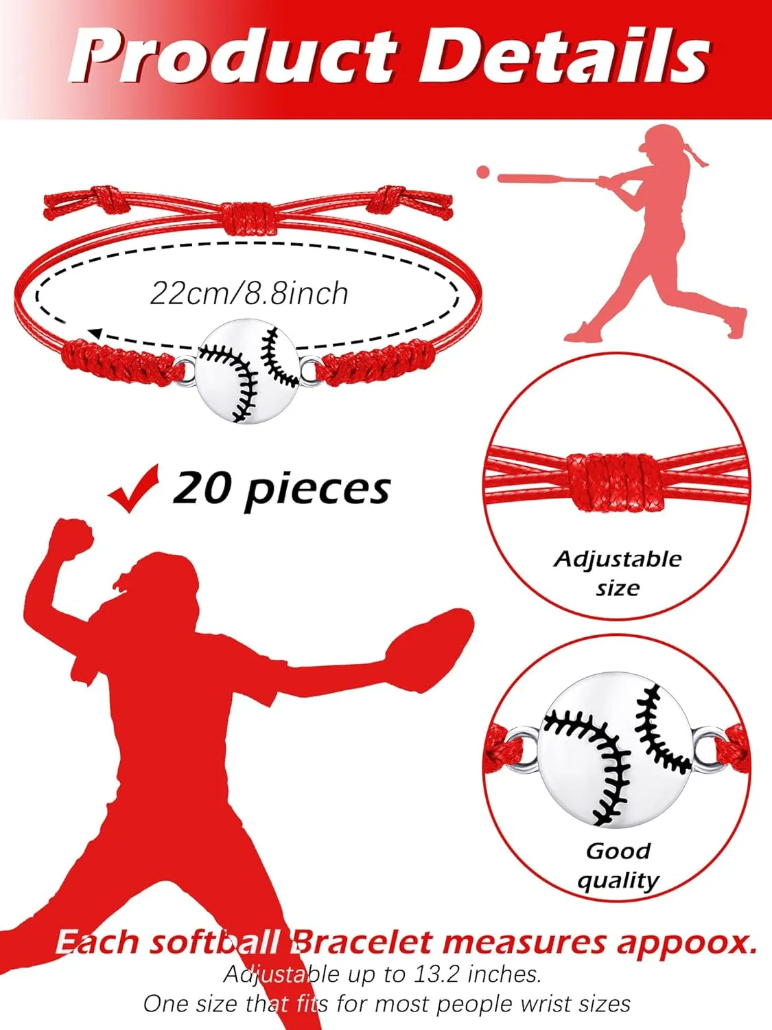 Jadive 20 Pcs Softball Bracelets Bulk Softball Party Favors Sport Team Gifts Baseball Bracelets Adjustable Coach Gifts Graduation Favors for Players
